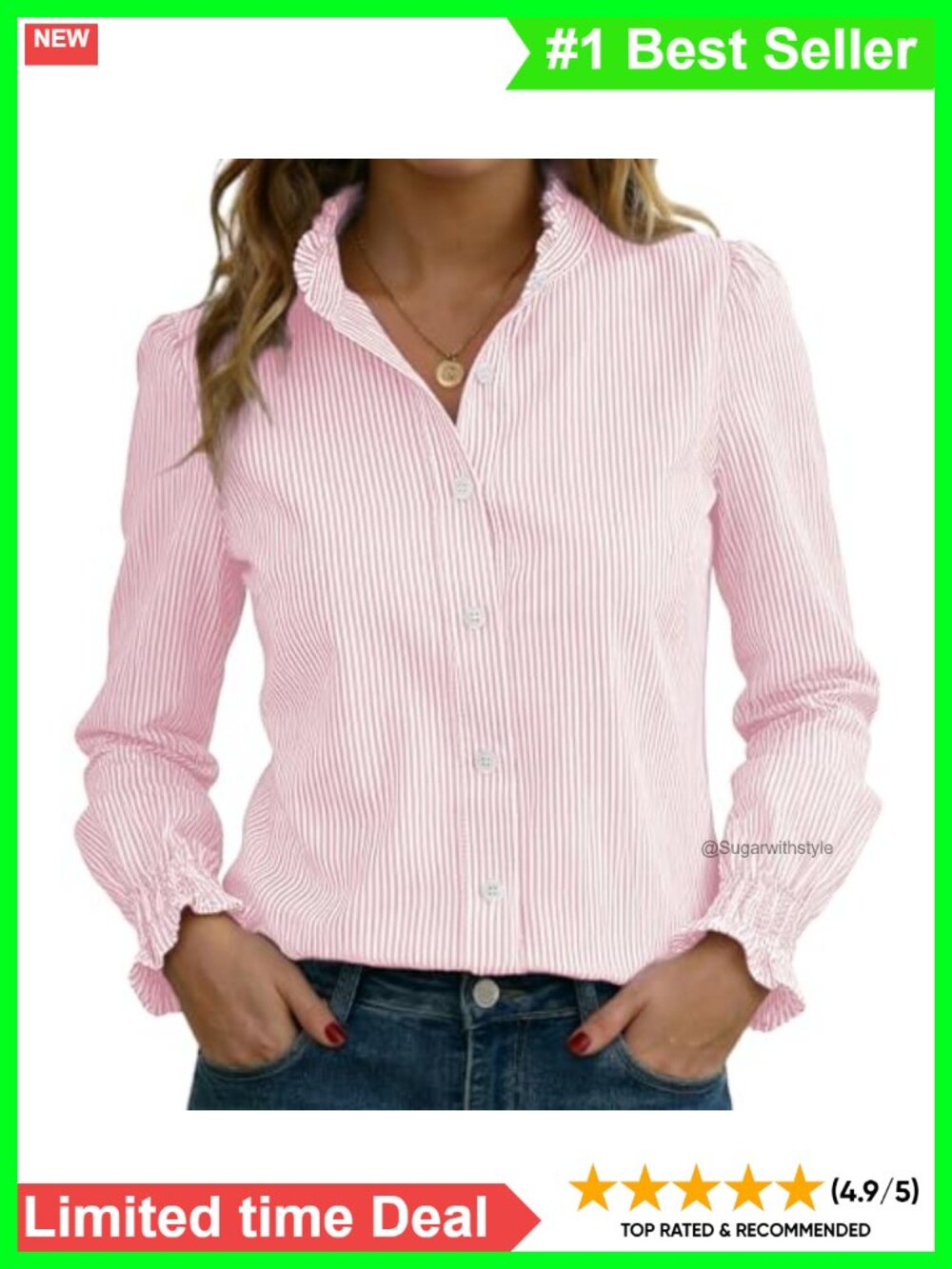 Striped Button Down Shirt Long Sleeve Smocked Ruffle Collar Blouse